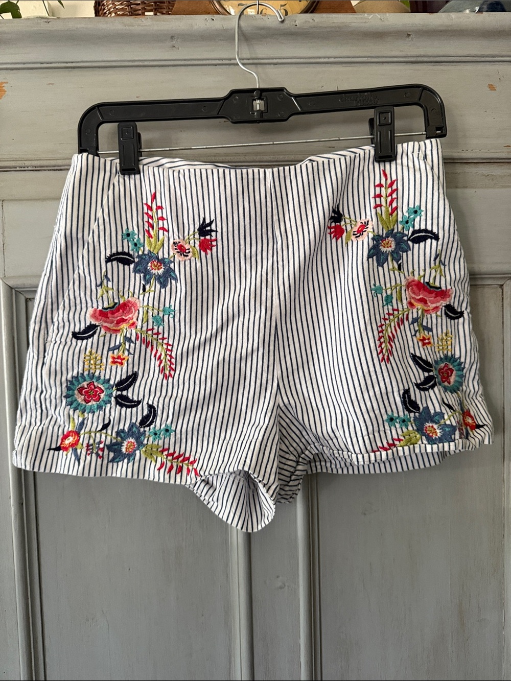 LOFT White/Navy Striped High-Waist Shorts with Floral Embroidery